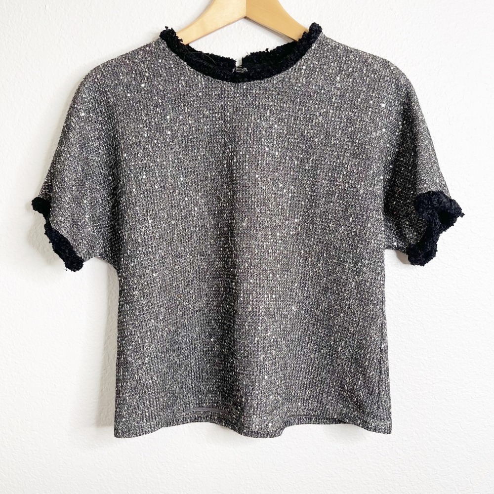 Waverly Grey Silver Sequin Tweed Top Black Boucle Trim Short Sleeve Blouse Small